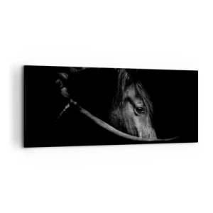 Cuadro sobre lienzo - Impresión de Imagen - Un retrato en blanco y negro de un caballo con un sutil juego de luces y sombras sobre un fondo oscuro. - 120x50cm - Príncipe negro - Decoración de pared moderna para salón y dormitorio ARTTOR