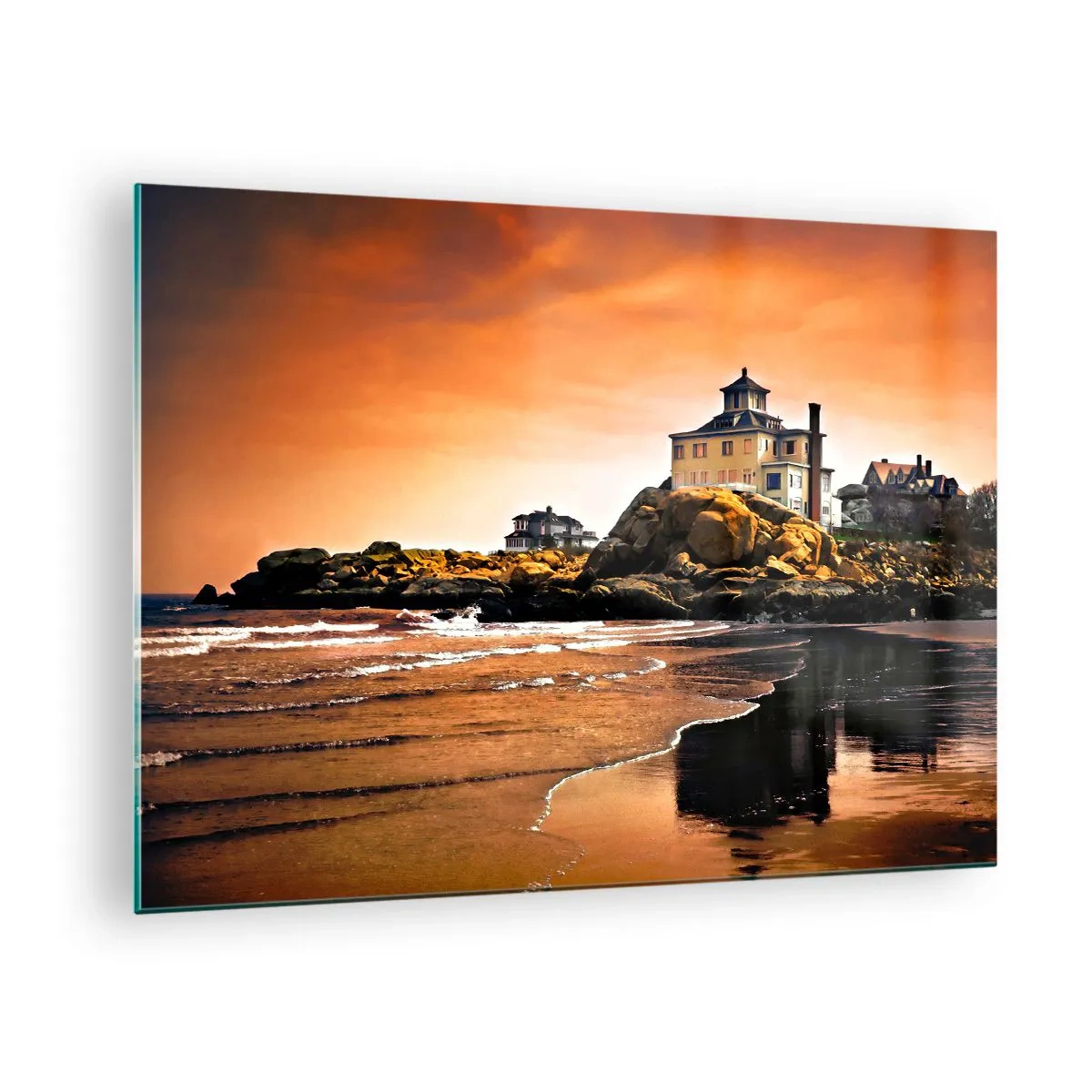 Cuadro sobre vidrio - Impresiones sobre Vidrio - Casa en un acantilado con vistas al mar al atardecer - 70x50cm - La elegancia de la costa oeste - Decoración de pared moderna para salón y dormitorio ARTTOR