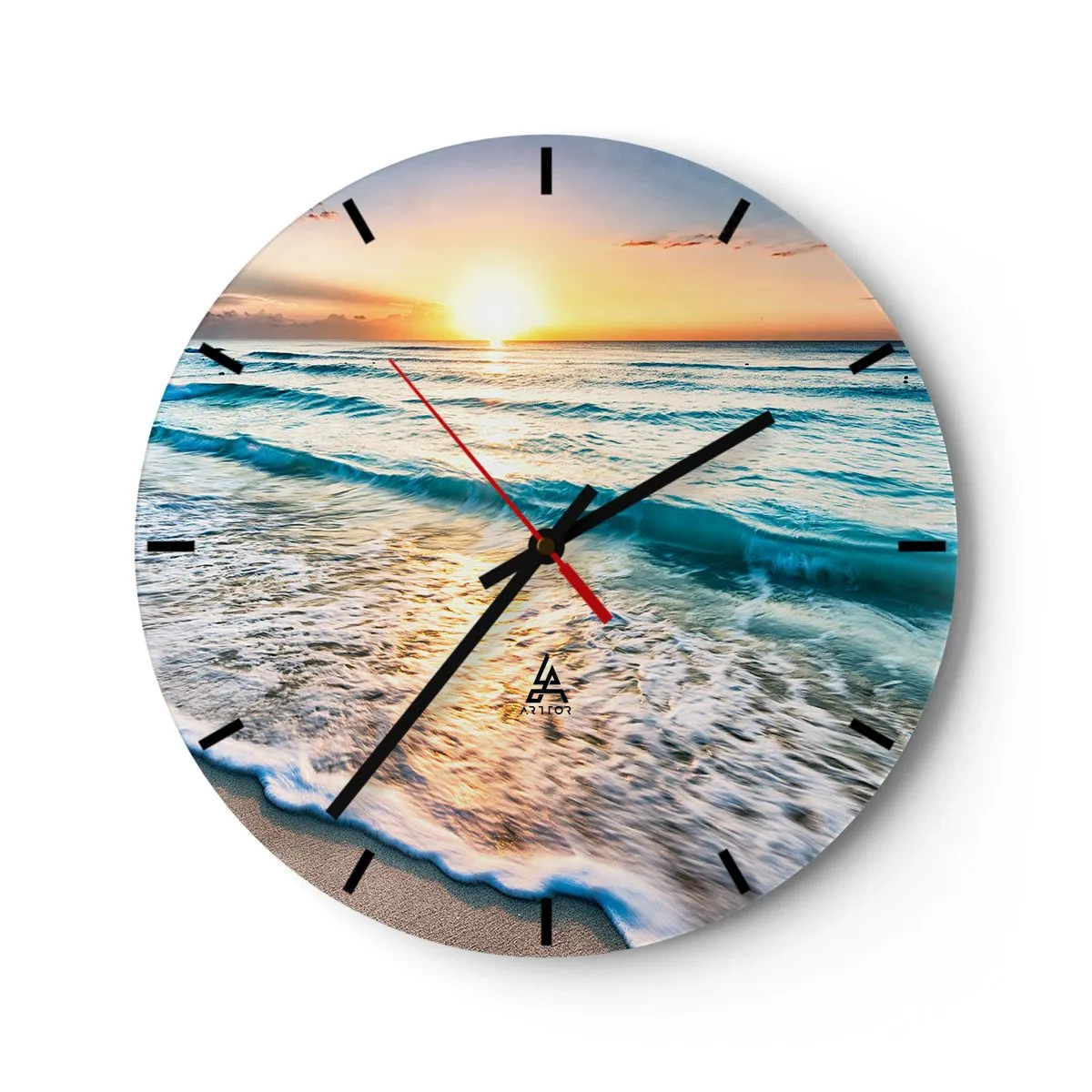 Reloj de pared - Reloj de vidrio - Puesta de sol sobre el mar con olas en la orilla - 30x30cm - Un espectáculo digno de ver - Decoración de pared moderna para salón, cocina y dormitorio ARTTOR