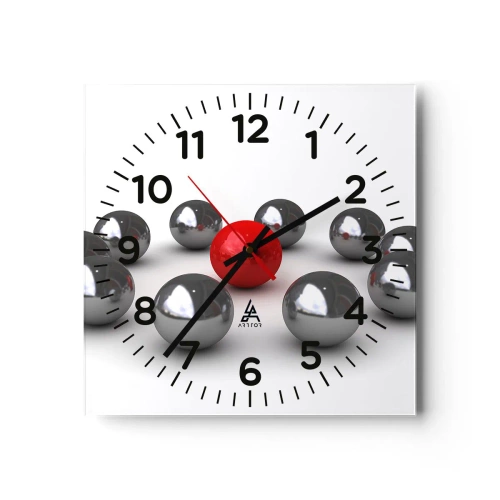 Reloj de pared - Reloj de vidrio - Círculo en plata y rojo - 30x30 cm