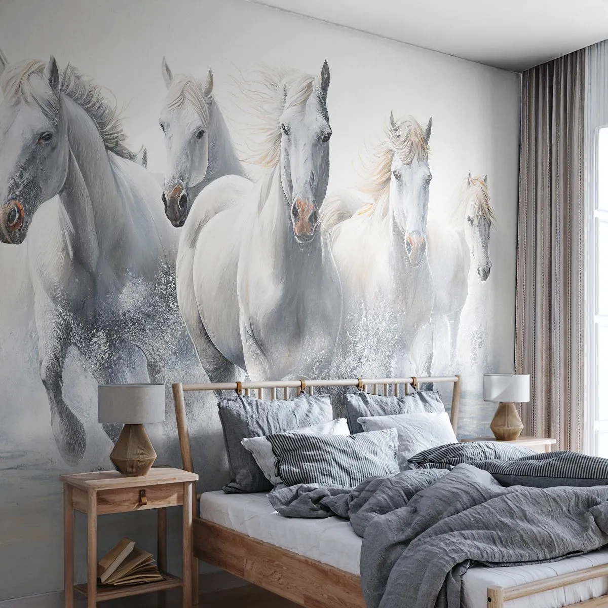 Fotomural Premium Sand - Una manada de caballos blancos galopando por el agua a toda velocidad. - 100x70cm - Magia blanca - Decoración de pared moderna para salón y dormitorio ARTTOR
