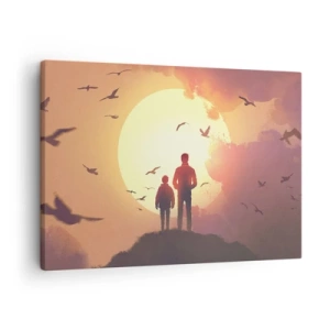 Cuadro sobre lienzo - Impresión de Imagen - Figuras con el sol poniente como telón de fondo - 70x50cm - Cara a cara con el sol - Decoración de pared moderna para salón y dormitorio ARTTOR