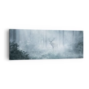 Cuadro sobre lienzo - Impresión de Imagen - Un ciervo en un bosque denso envuelto en la niebla matutina. - 140x50cm - Ronda matutina por la finca - Decoración de pared moderna para salón y dormitorio ARTTOR
