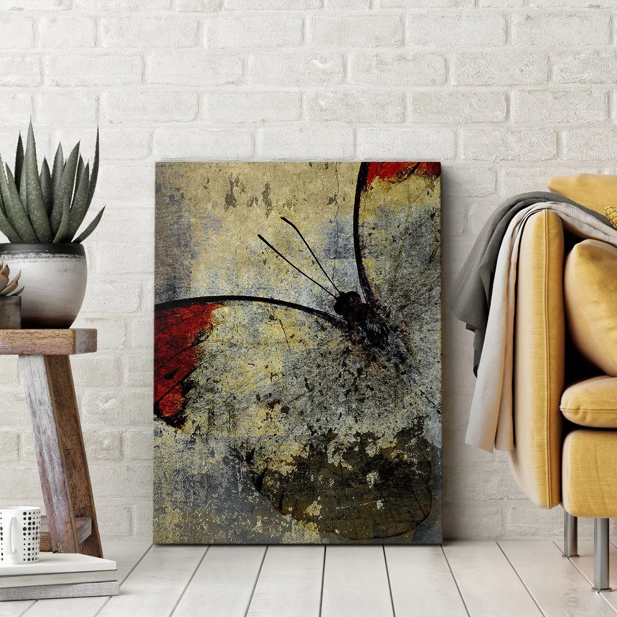 Cuadro sobre lienzo - Impresión de Imagen - Una mariposa en tonos rojos y grises sobre un fondo texturizado. - 70x100cm - Mira antes de que desaparezca - Decoración de pared moderna para salón y dormitorio ARTTOR