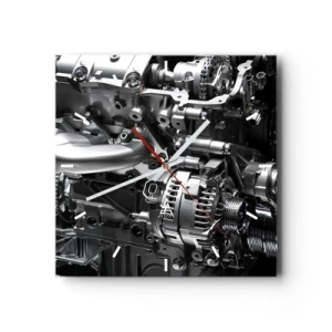 Reloj de pared - Reloj de vidrio - Primer plano de piezas metálicas del motor sobre un fondo negro - 30x30cm - Acero, hermoso, fuerte - Decoración de pared moderna para salón y dormitorio ARTTOR