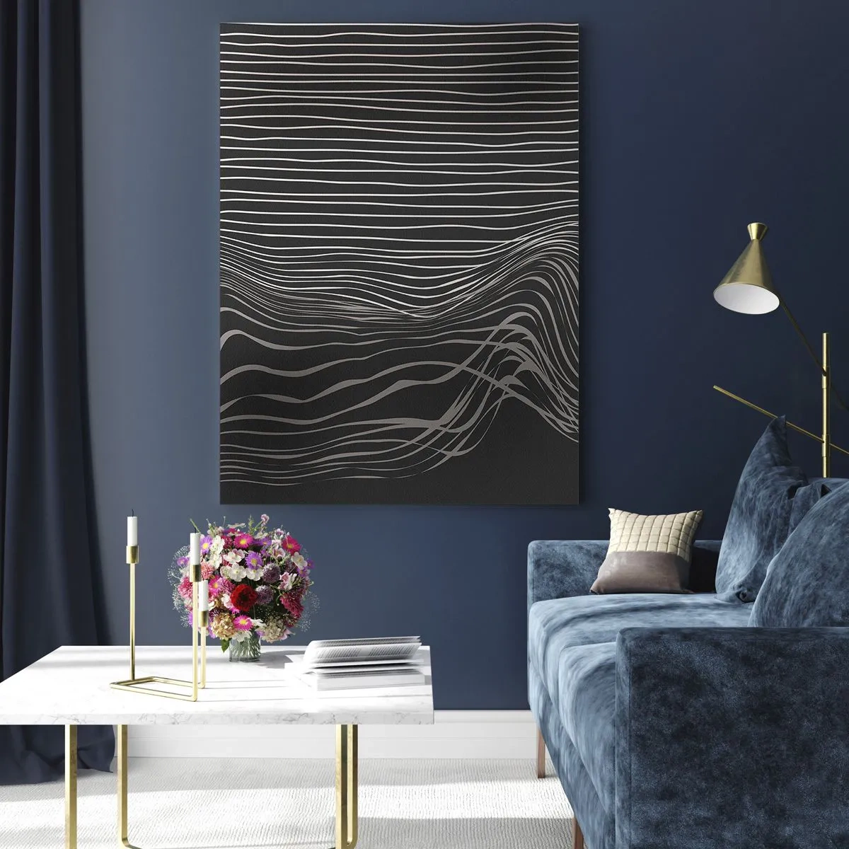 Cuadro sobre vidrio - Impresiones sobre Vidrio - Líneas delicadas en un arreglo abstracto sobre un fondo oscuro. - 50x70cm - Ritmo y acento - Decoración de pared moderna para salón y dormitorio ARTTOR