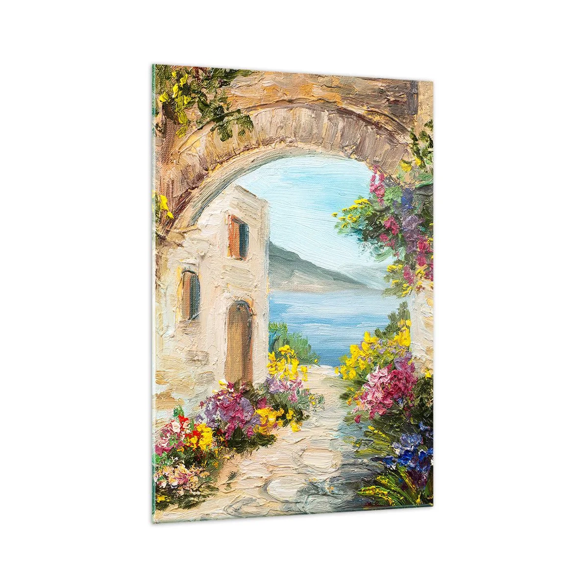 Cuadro sobre vidrio - Impresiones sobre Vidrio - Paisaje costero con edificios de piedra y flores. - 70x100cm - El encanto del paisaje costero - Decoración de pared moderna para salón y dormitorio ARTTOR