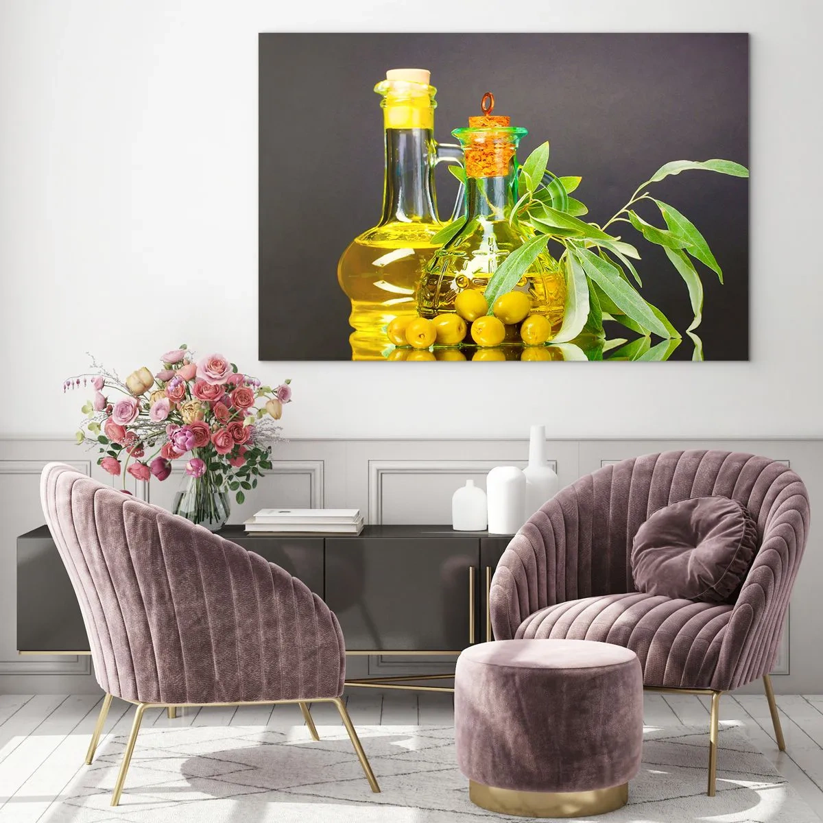 Cuadro sobre vidrio - Impresiones sobre Vidrio - Botellas de aceite de oliva y una rama con aceitunas al fondo - 120x80cm - Bodegón con aceitunas y aceite - Decoración de pared moderna para salón y dormitorio ARTTOR