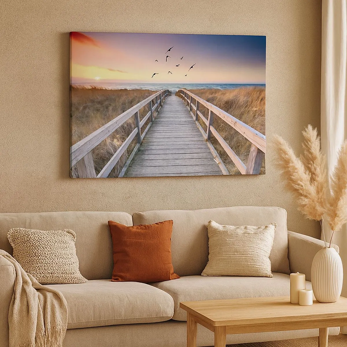 Cuadro sobre lienzo - Impresión de Imagen - Muelle de madera que conduce a la playa al atardecer - 70x50cm - Camino a lo desconocido - Decoración de pared moderna para salón y dormitorio ARTTOR