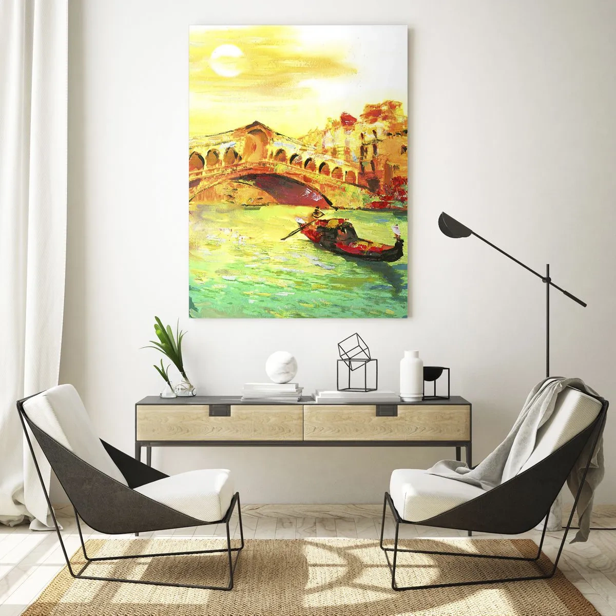 Cuadro sobre vidrio - Impresiones sobre Vidrio - Un pintoresco puente sobre el canal con una góndola a la luz del sol poniente. - 70x100cm - Peregrinación de los amantes - Decoración de pared moderna para salón y dormitorio ARTTOR