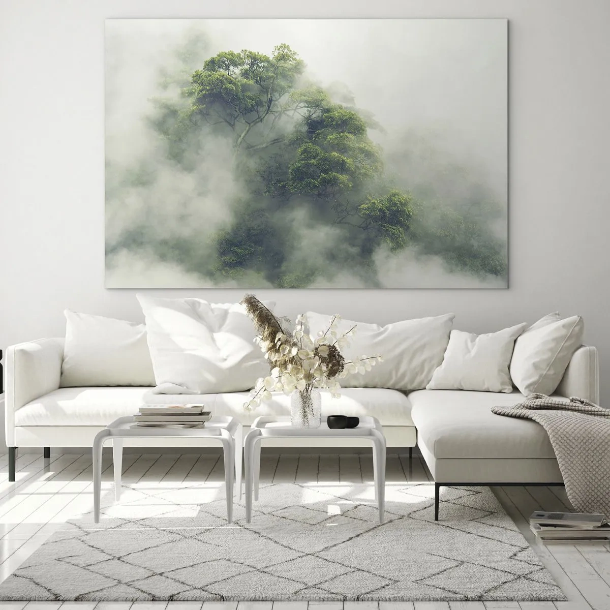 Cuadro sobre vidrio - Impresiones sobre Vidrio - Árboles del bosque tropical que emergen de la espesa niebla - 70x50cm - Envuelto en niebla - Decoración de pared moderna para salón y dormitorio ARTTOR