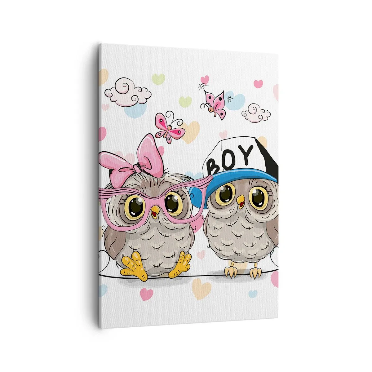 Cuadro sobre lienzo - Impresión de Imagen - Dos adorables búhos rodeados de corazones. - 50x70cm - El amor - Decoración de pared moderna para salón y dormitorio ARTTOR