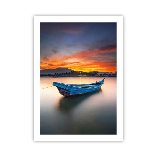 Póster - Un barco solitario en el agua al atardecer. - 50x70cm - Se avecina una buena noche - Decoración de pared moderna para salón y dormitorio ARTTOR