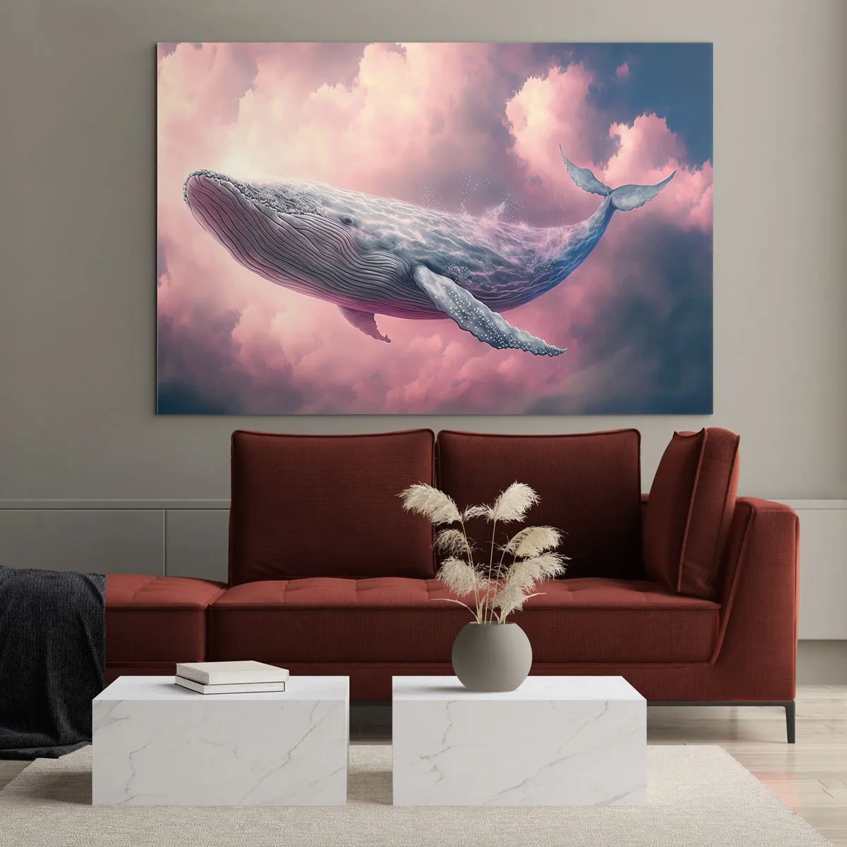 Cuadro sobre vidrio - Impresiones sobre Vidrio - Una ballena flotando en las nubes con un brillo rosado. - 70x50cm - La reina de los mares asciende - Decoración de pared moderna para salón y dormitorio ARTTOR