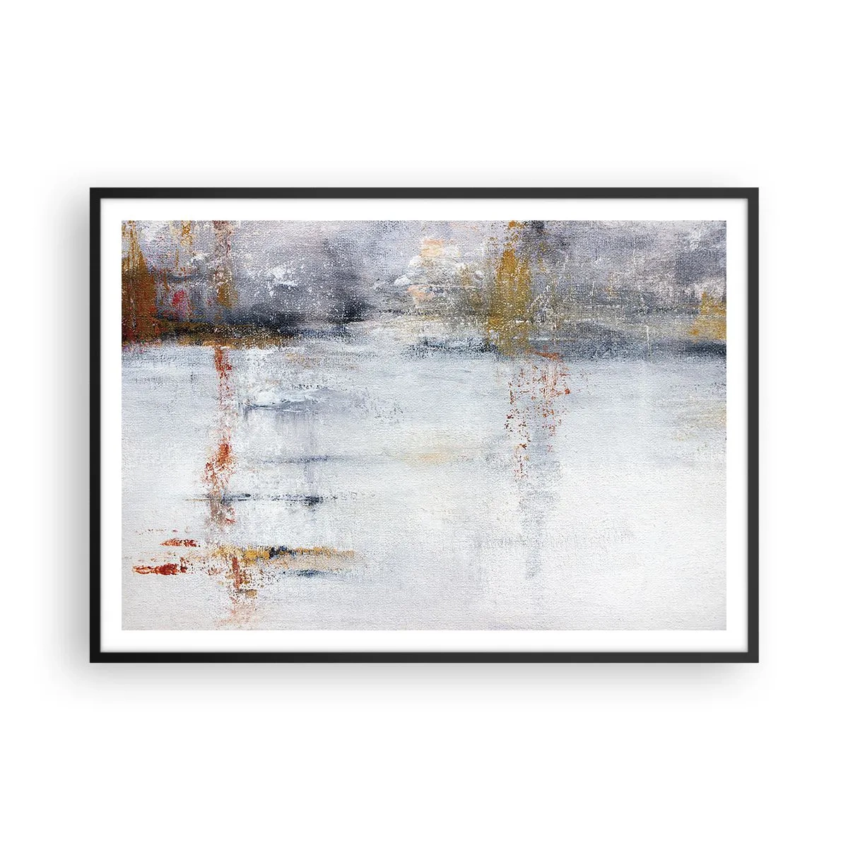 Póster en marco negro - Un paisaje abstracto con acentos borrosos de gris y dorado. - 100x70cm - Tras una cortina de aire - Decoración de pared moderna para salón y dormitorio ARTTOR