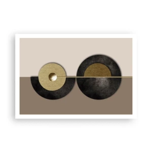 Póster - Círculos abstractos en tonos dorados y marrones. - 100x70cm - Variaciones en torno a un círculo - Decoración de pared moderna para salón y dormitorio ARTTOR