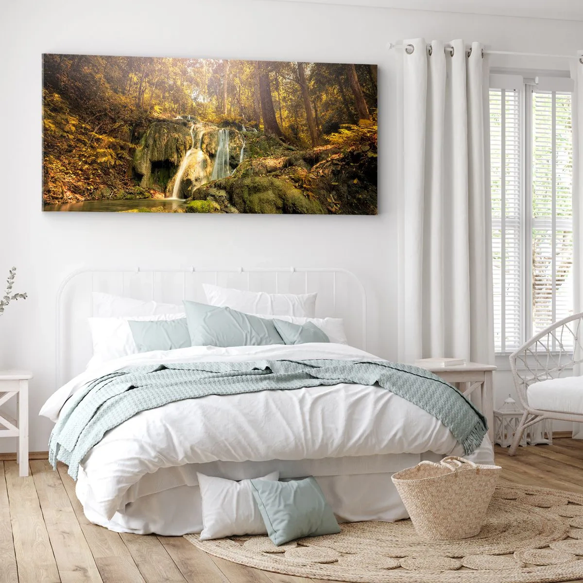 Cuadro sobre lienzo - Impresión de Imagen - Cascada forestal en verde - 90x30 cm