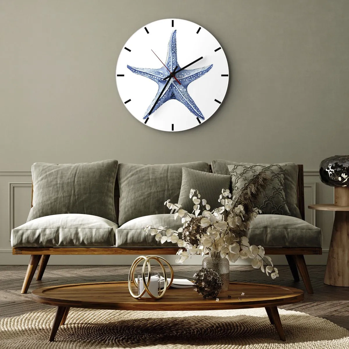 Reloj de pared - Reloj de vidrio - Estrella de mar azul sobre un fondo blanco en estilo acuarela. - 30x30cm - Estrella de mar - Decoración de pared moderna para salón, cocina y dormitorio ARTTOR