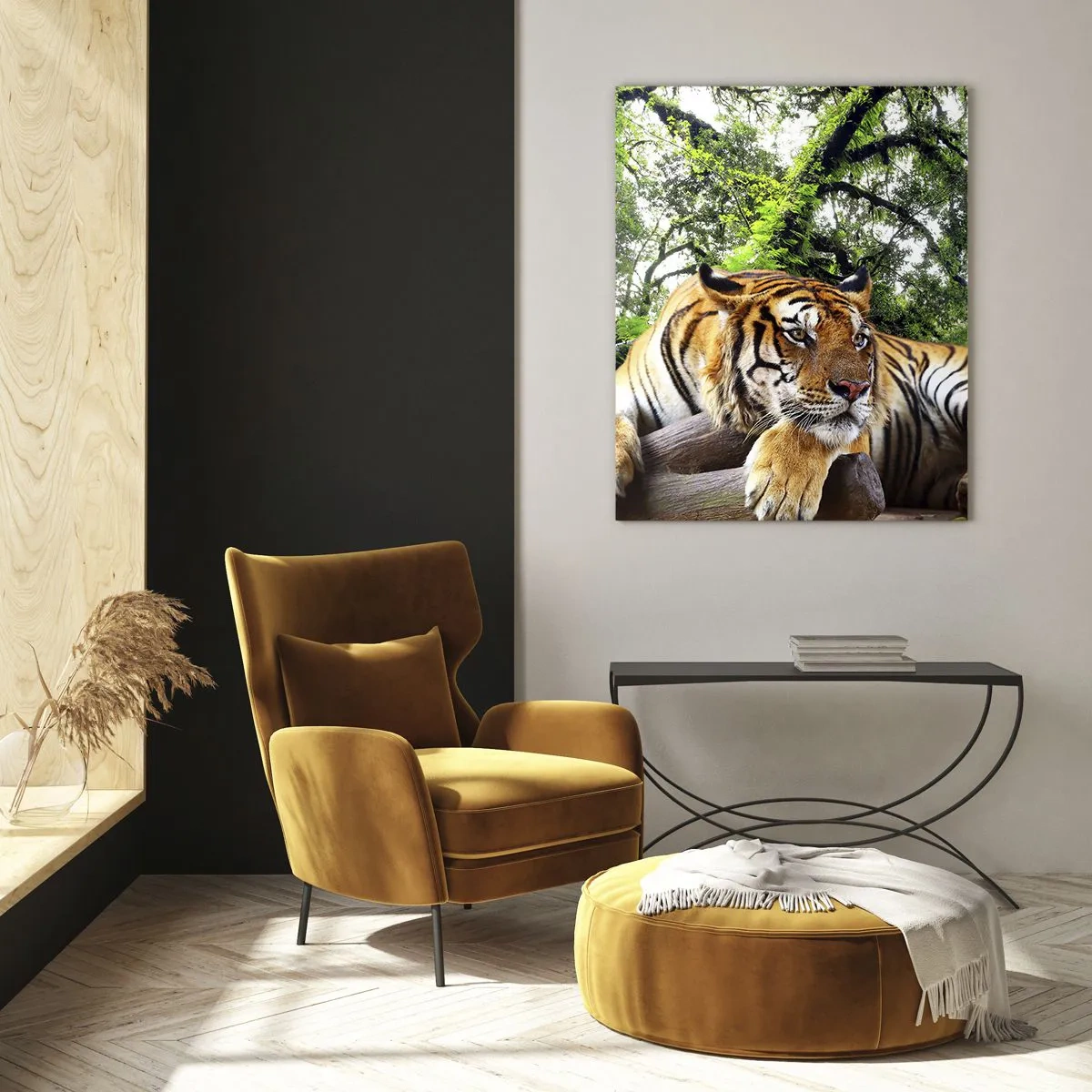 Cuadro sobre vidrio - Impresiones sobre Vidrio - Un tigre descansando en un bosque tropical. - 80x120cm - Atentamente - Decoración de pared moderna para salón y dormitorio ARTTOR