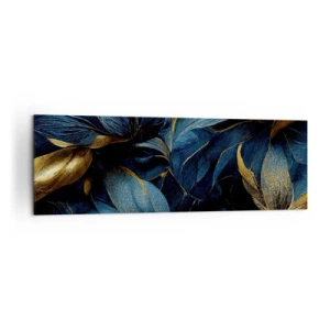 Cuadro sobre lienzo - Impresión de Imagen - Hojas elegantes en tonos dorados y azul marino. - 160x50cm - Forradas de oro - Decoración de pared moderna para salón y dormitorio ARTTOR