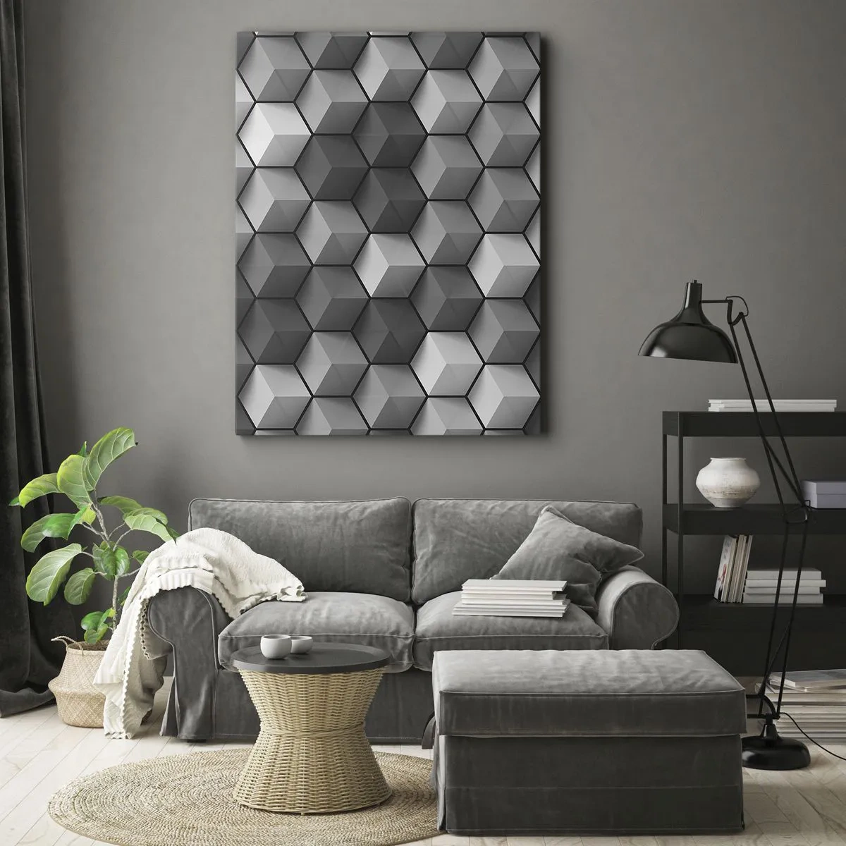 Cuadro sobre lienzo - Impresión de Imagen - Composición geométrica de cubos en tonos grises y negros. - 50x70cm - Rompecabezas cubista - Decoración de pared moderna para salón y dormitorio ARTTOR