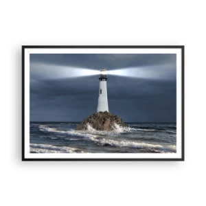 Póster en marco negro - Un faro sobre una roca rodeado de un mar tempestuoso. - 100x70cm - ¡Aquí... aquí... aquí! - Decoración de pared moderna para salón y dormitorio ARTTOR