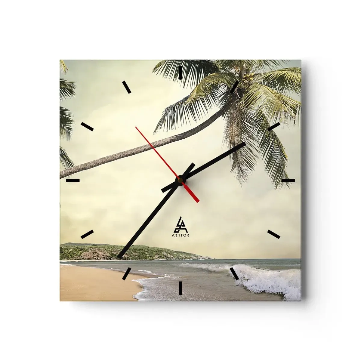 Reloj de pared - Reloj de vidrio - Una playa con palmeras con el mar en calma como telón de fondo. - 30x30cm - Sueño tropical - Decoración de pared moderna para salón y dormitorio ARTTOR