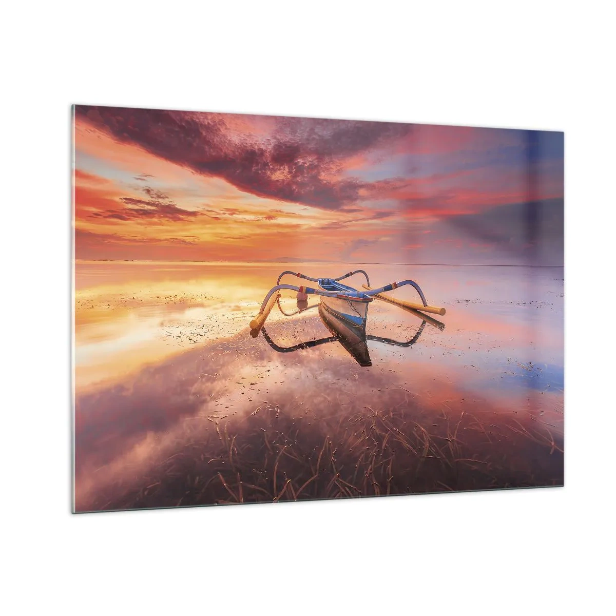 Cuadro sobre vidrio - Impresiones sobre Vidrio - Barco tradicional en aguas tranquilas al atardecer - 100x70cm - Calma de una tarde tropical - Decoración de pared moderna para salón y dormitorio ARTTOR
