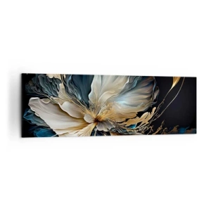 Cuadro sobre lienzo - Impresión de Imagen - Una flor en tonos dorados y azul marino sobre un fondo negro. - 160x50cm - Flor de helecho de cuento - Decoración de pared moderna para salón y dormitorio ARTTOR