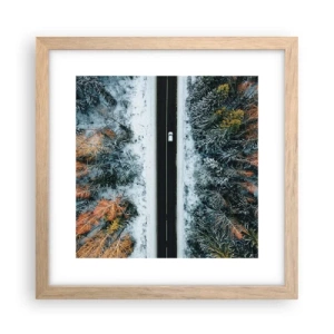 Póster en marco roble claro - Atravesar el bosque en invierno - 30x30 cm