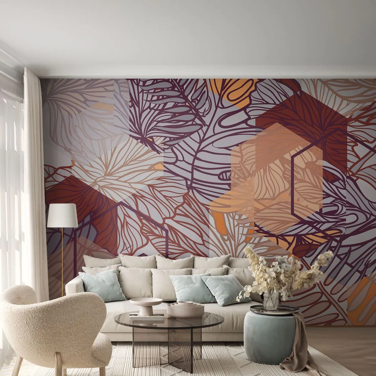 Fotomural Standard Eco - Hojas abstractas en un patrón geométrico - 100x70cm - La unión imposible de la geometría y la naturaleza - Decoración de pared moderna para salón y dormitorio ARTTOR