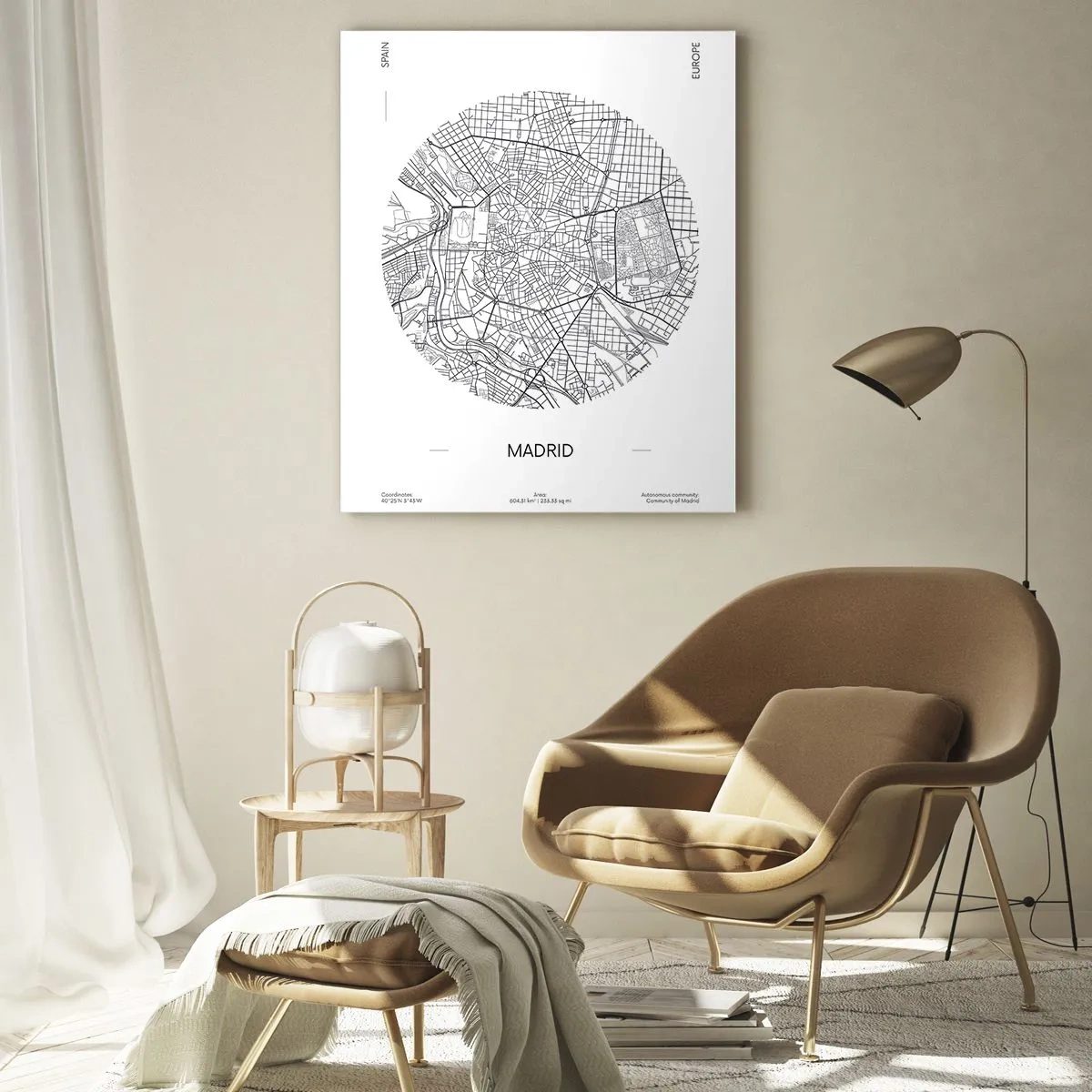 Cuadro sobre vidrio - Impresiones sobre Vidrio - Un mapa minimalista de Madrid en blanco y negro en forma circular. - 50x70cm - Anatomía de Madrid - Decoración de pared moderna para salón y dormitorio ARTTOR