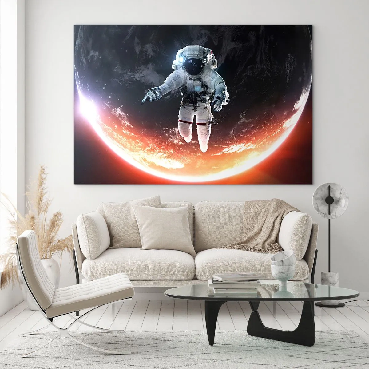 Cuadro sobre vidrio - Impresiones sobre Vidrio - Astronauta en el espacio con un planeta al fondo - 100x70cm - ¿Puedo quedarme un rato más? - Decoración de pared moderna para salón y dormitorio ARTTOR