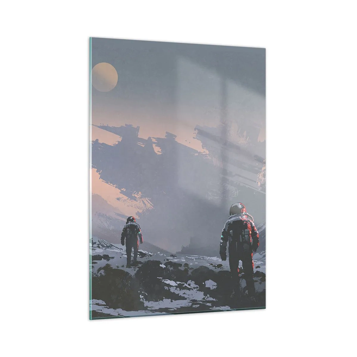 Cuadro sobre vidrio - Impresiones sobre Vidrio - Astronautas en un planeta alienígena con un naufragio al fondo - 50x70cm - Bajo una estrella desconocida - Decoración de pared moderna para salón y dormitorio ARTTOR