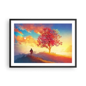 Póster en marco negro - Una figura en una colina junto a un árbol colorido a la luz del sol poniente. - 70x50cm - Un peregrino en su destino - Decoración de pared moderna para salón y dormitorio ARTTOR