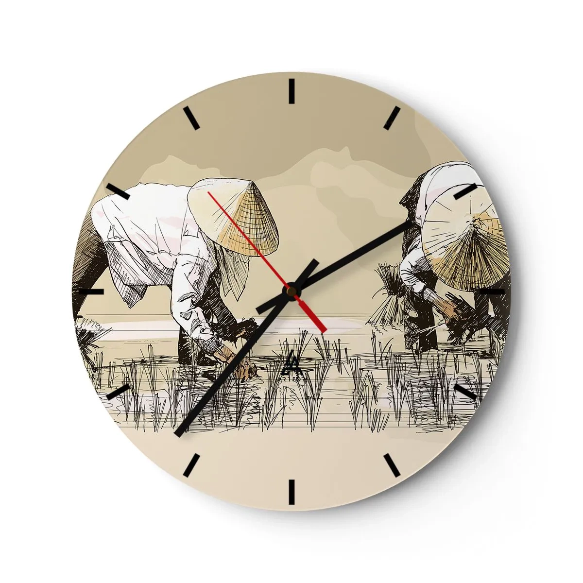 Reloj de pared - Reloj de vidrio - Un motivo de dibujos animados de agricultores trabajando en un campo de arroz en tonos beige. - 30x30cm - De una cosecha exitosa - Decoración de pared moderna para salón, cocina y dormitorio ARTTOR