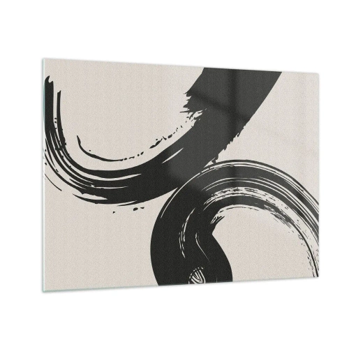 Cuadro sobre vidrio - Impresiones sobre Vidrio - Pinceladas caligráficas negras y dinámicas sobre un fondo claro. - 70x50cm - Barrido y circular - Decoración de pared moderna para salón y dormitorio ARTTOR