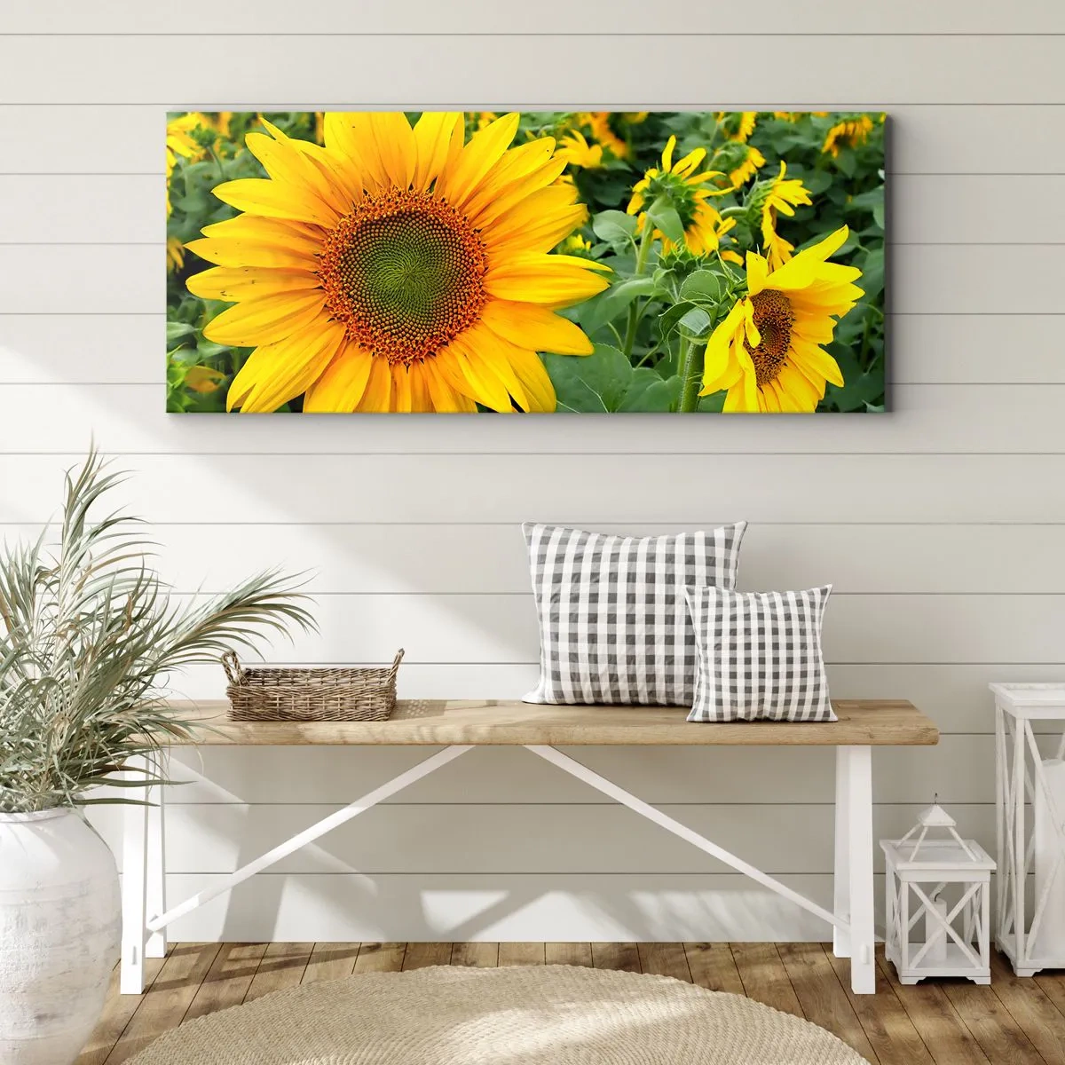 Cuadro sobre lienzo - Impresión de Imagen - Un campo de girasoles con flores amarillas sobre un fondo de hojas verdes. - 140x50cm - Cientos de soles estallan - Decoración de pared moderna para salón y dormitorio ARTTOR