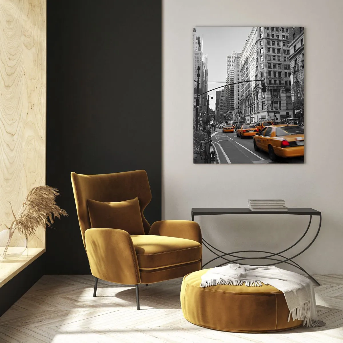 Cuadro sobre vidrio - Impresiones sobre Vidrio - Taxis amarillos en las calles de Nueva York - 80x120cm - Los soles de la gran ciudad - Decoración de pared moderna para salón y dormitorio ARTTOR