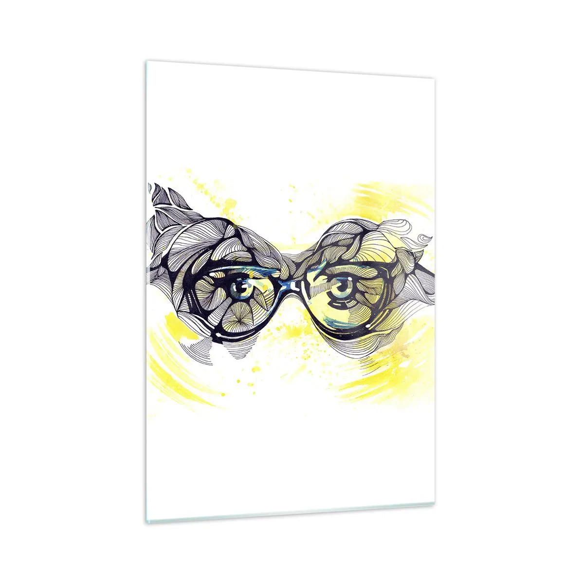 Cuadro sobre vidrio - Impresiones sobre Vidrio - Gafas con patrones artísticos y ojos sobre un fondo en tonos amarillos. - 50x70cm - A través de las gafas azules - Decoración de pared moderna para salón y dormitorio ARTTOR