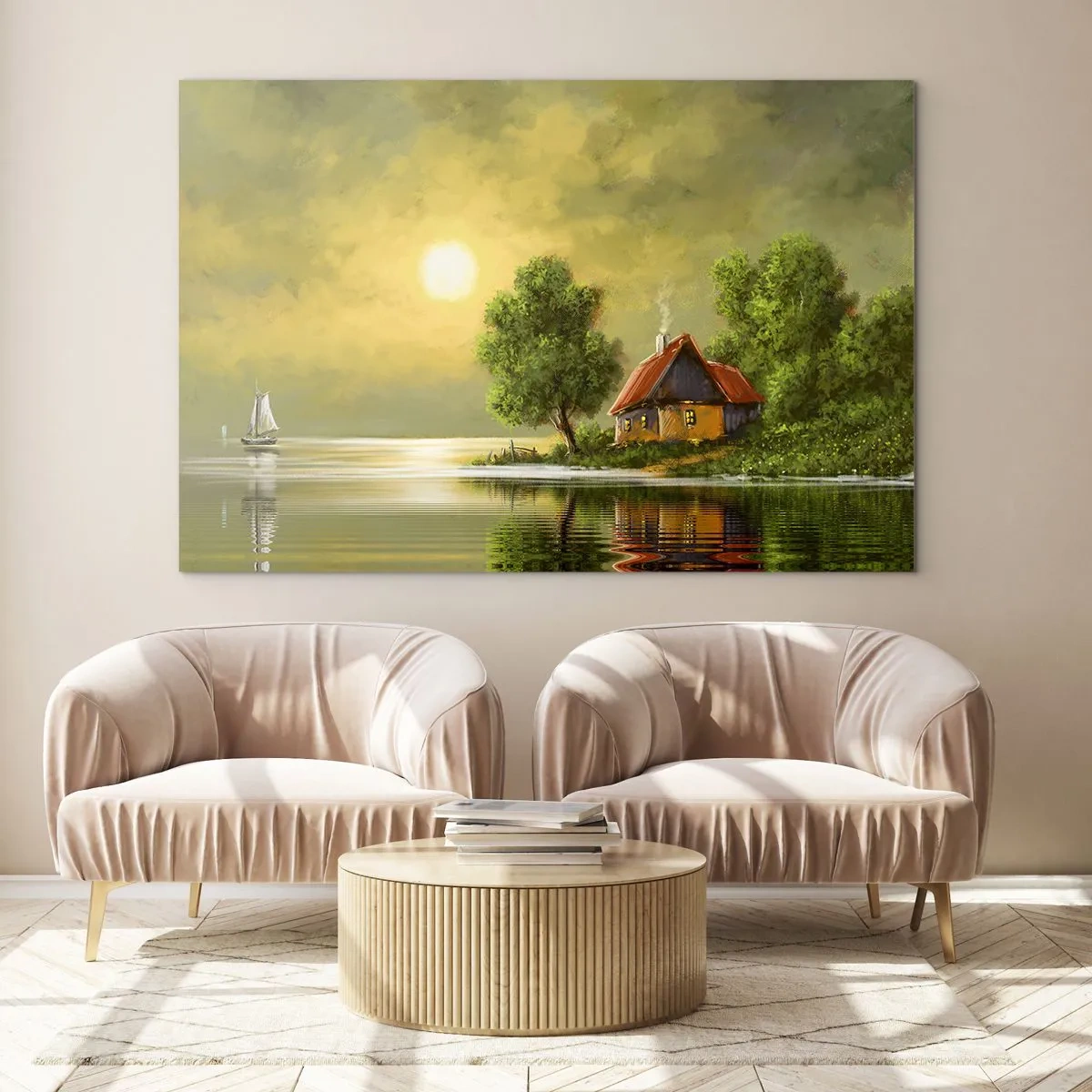 Cuadro sobre vidrio - Impresiones sobre Vidrio - Un paisaje pintoresco con una cabaña junto al lago al atardecer. - 100x70cm - Es hermoso, como salido de un cuadro - Decoración de pared moderna para salón y dormitorio ARTTOR
