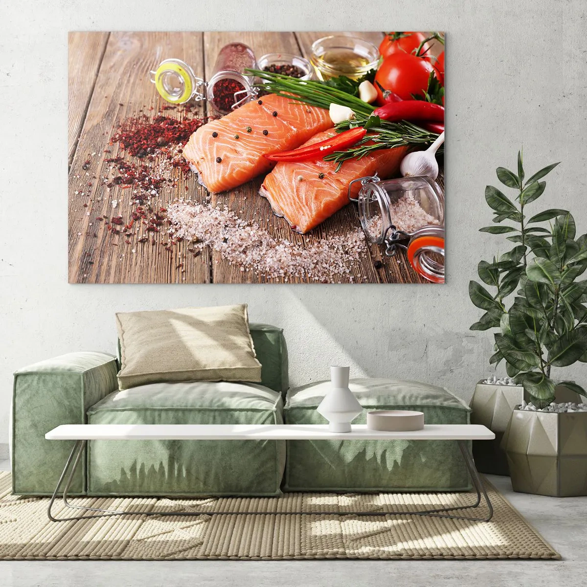 Cuadro sobre vidrio - Impresiones sobre Vidrio - Filetes de salmón con especias sobre una encimera de madera. - 120x80cm - Una aventura noruega en la cocina - Decoración de pared moderna para salón y dormitorio ARTTOR