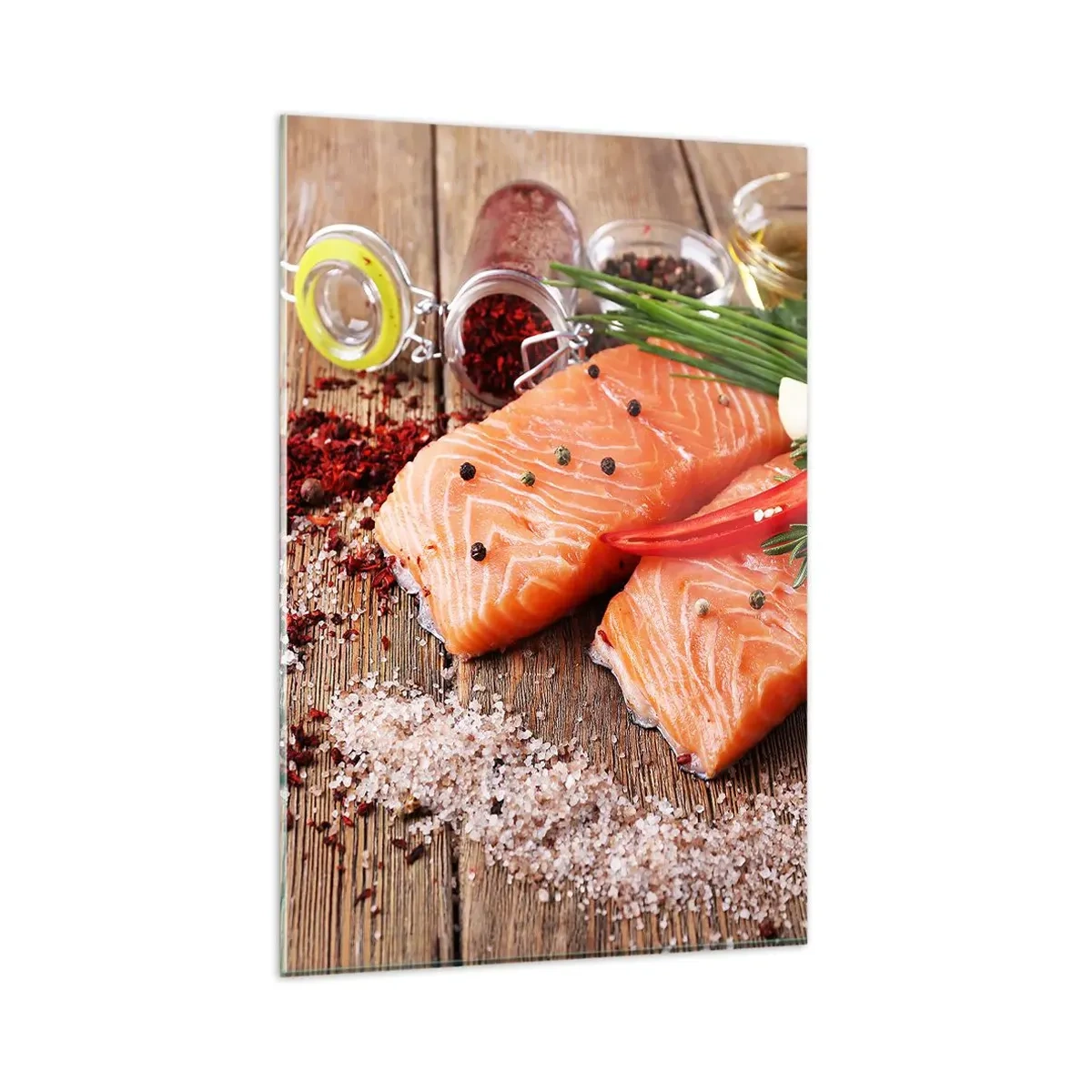 Cuadro sobre vidrio - Impresiones sobre Vidrio - Filetes de salmón con especias sobre fondo de madera. - 80x120cm - Una aventura noruega en la cocina - Decoración de pared moderna para salón y dormitorio ARTTOR