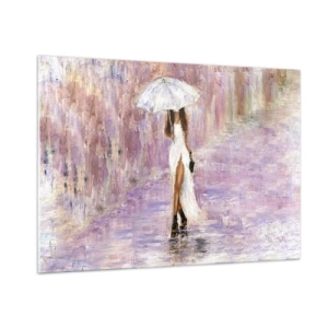 Cuadro sobre vidrio - Impresiones sobre Vidrio - Figura de una mujer con paraguas en una escena de lluvia lila - 100x70cm - En la lluvia de lilas - Decoración de pared moderna para salón y dormitorio ARTTOR