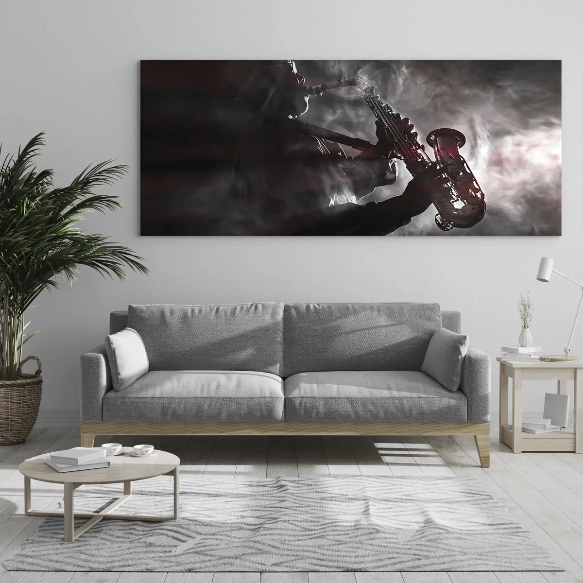 Cuadro sobre vidrio - Impresiones sobre Vidrio - Saxofonista en humo en el escenario en negro y rojo atmosférico - 120x50cm - En el vapor del jazz - Decoración de pared moderna para salón y dormitorio ARTTOR