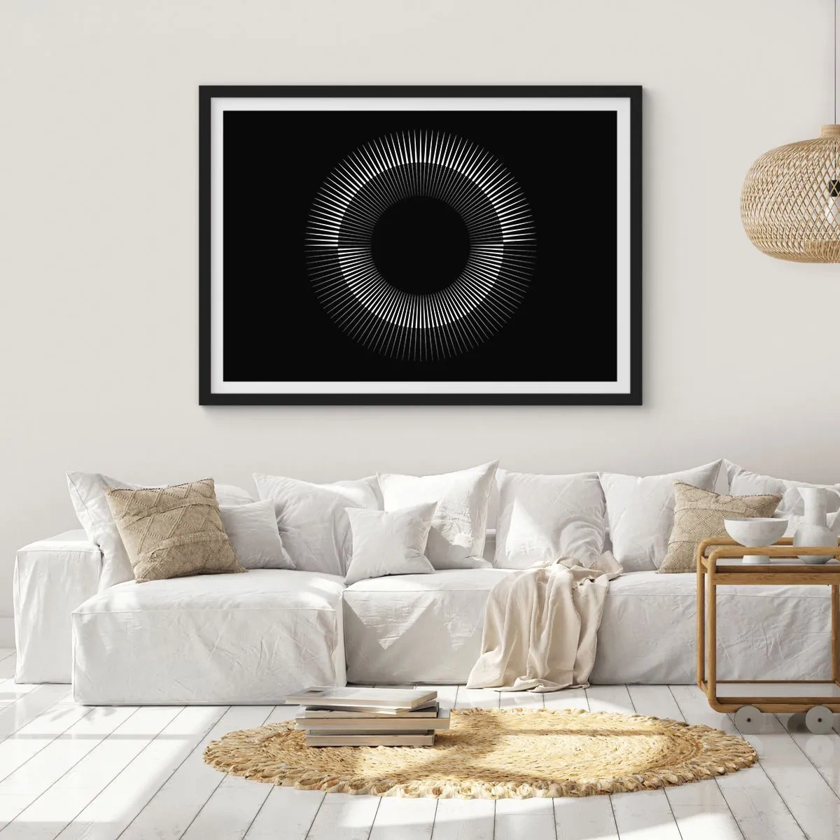 Póster en marco negro - Círculo gráfico con rayos en blanco y negro - 70x50cm - Sol negro - Decoración de pared moderna para salón y dormitorio ARTTOR