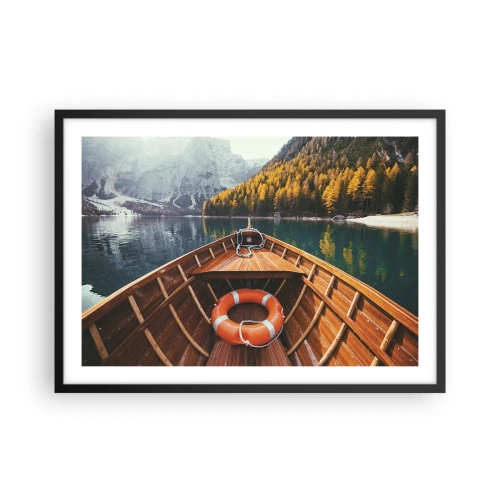 Póster en marco negro - Un barco de madera en un lago de montaña rodeado de bosque. - 70x50cm - Viaje a la montaña - Decoración de pared moderna para salón y dormitorio ARTTOR