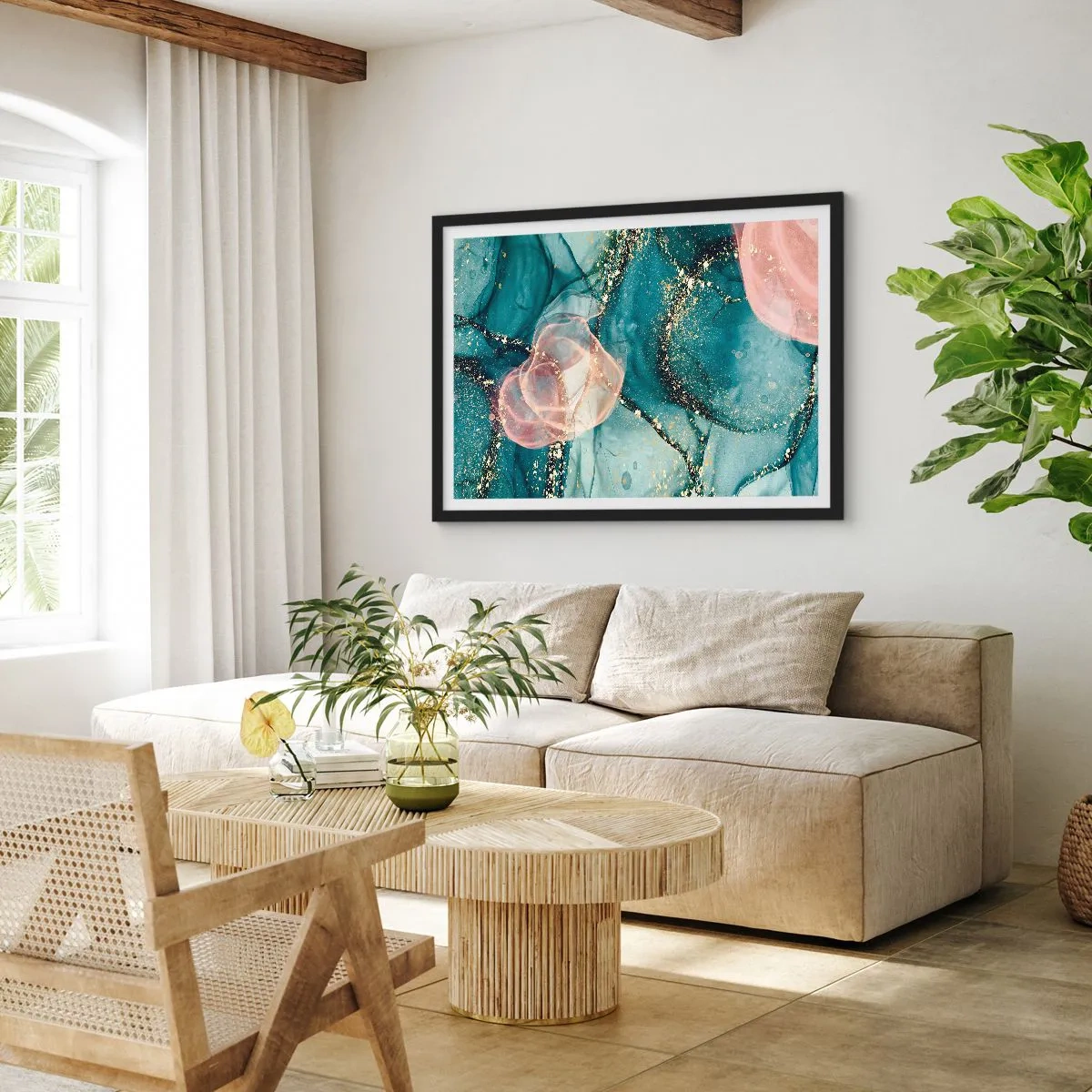 Póster en marco negro - Seda azul, tul rosa - 50x40 cm
