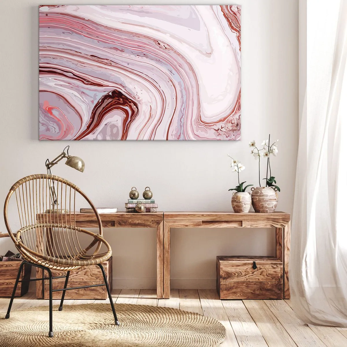 Cuadro sobre lienzo - Impresión de Imagen - Patrón abstracto en rosa y blanco - 70x50cm - Cambio de dirección - Decoración de pared moderna para salón y dormitorio ARTTOR