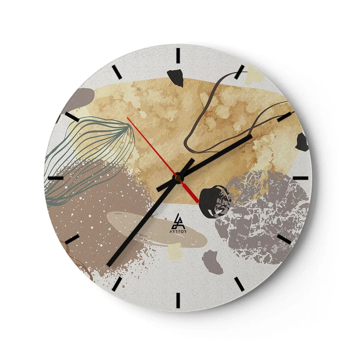 Reloj de pared - Reloj de vidrio - Abstracción artística en tonos beige y marrones. - 30x30cm - Plumología aplicada - Decoración de pared moderna para salón, cocina y dormitorio ARTTOR